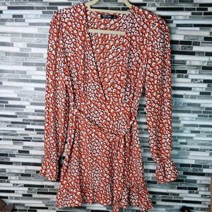 Nasty Gal Size 4 Burnt Orange White & Black Cheetah Print Long Sleeve Mini Dress